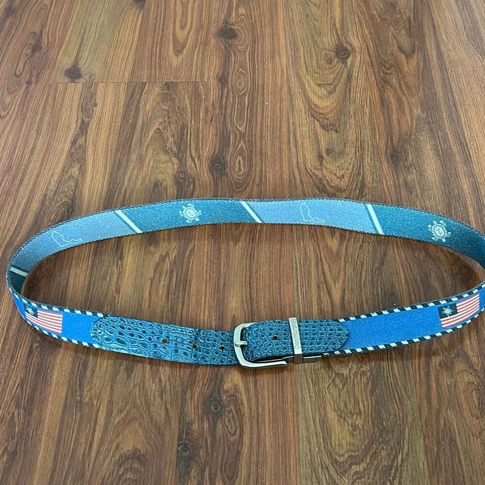 Doc Murphy reversible belt American flag turtle Florida denim blue size 35-39